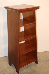Arts And Crafts Style Oak Book Shelf: Arts and crafts style oak book shelf. All quarter sawn, 1/2 moon cut out feet. In nice condition. 16" wide, 44" tall, 14" deep.