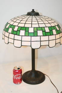 Antique Gorham/Amboy Greek Key Leaded Lamp: Antique Gorham/Amboy Greek key leaded lamp in nice condition. White and green arts and crafts look. 16" wide, 21" tall