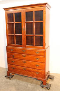 Super Early 19Th C. Chippendale Style Secretaire Bookcase On Chest: Super early 19th C. Chippendale style secretaire bookcase on chest. Estate fresh in solid cherry. C. 1820-1830s with bracket feet. 46" wide, 78" tall, 18" deep.