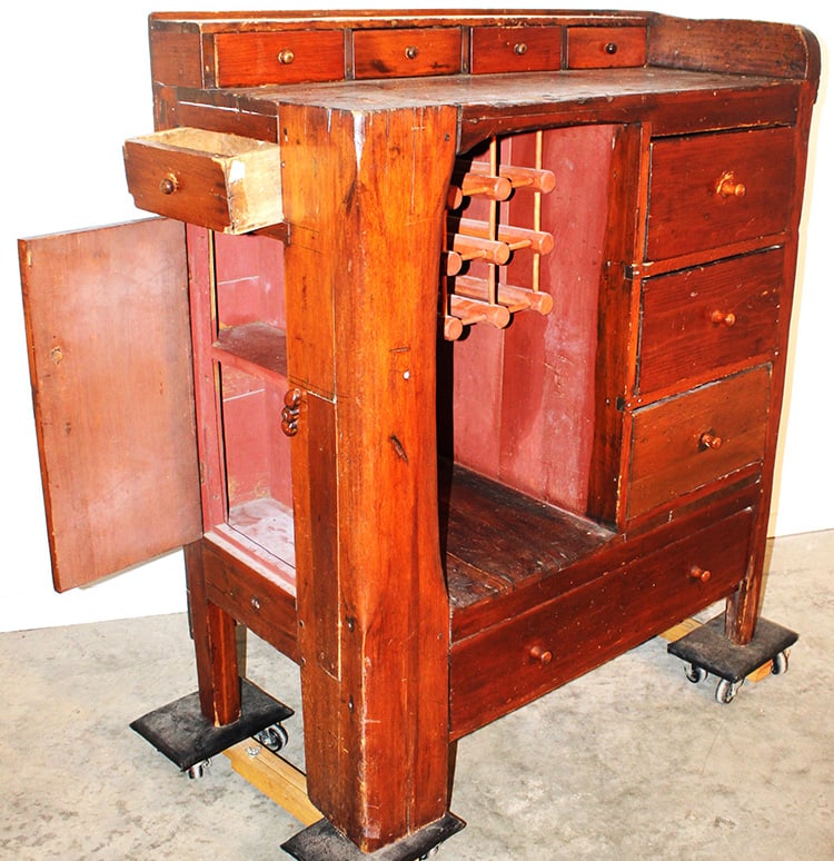 Awesome Mid 19Th C. Cobblers Bench Dated 1853: Awesome mid 19th C. cobblers bench dated 1853. Written on the side of the drawer Joseph Goodwin Aug 11, 1853. Someone added a wine rack (easily removed). Real nice, estate fresh. 40 wide, 52" tall, 20