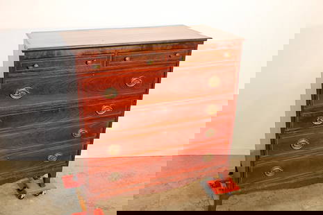 Period Inlaid Hepplewhite Style 6 Drawer Tall Chest: Period inlaid Hepplewhite style 6 drawer tall chest. Graduated drawers, splay legs, 3 board back. Has a couple of small chips on the veneer (not noticeable - see photo). 47" wide, 48" tall, 23" deep.