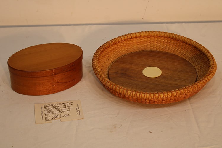 Repro Shaker Box And Nantucket Basket: Repro shaker box and Nantucket basket. Signed MM with a penny on the bottom. Both are in real nice condition. Basket is appr. 12".