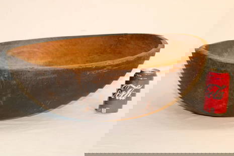 Huge 22" Estate Fresh Wooden Bowl: Huge 22" estate fresh wooden bowl. Old finish, nice turn marks, slight old staple (see photo). Looks to be hard wood.