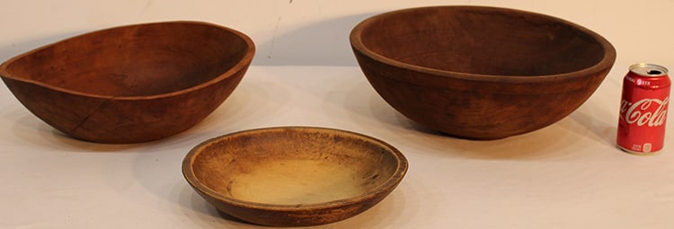 3 Antique Wooden Bowls (Oval Is Cherry): 3 antique wooden bowls (oval is cherry). Cherry bowl was a line. Estate fresh in nice condition. Largest is 15".