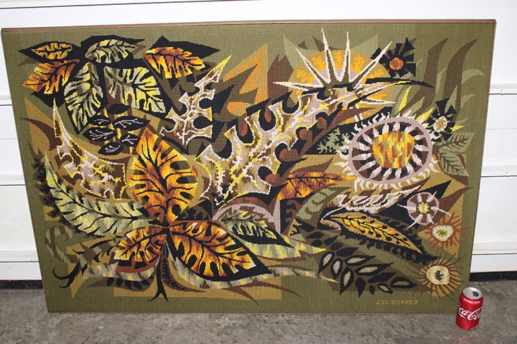 Wonderful Mid Century Modern Embroidery Signed Jean-Claude Duprez: Wonderful mid century modern embroidery signed Jean-Claude Duprez. Handmade, great looking. Estate fresh. 52" wide, 35" tall.