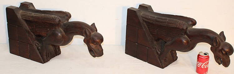 Pair Of Large Hand Carved Gargoyles: Pair of large hand carved gargoyles. Can be mounted on the wall or sits on a flat surface. Very heavy, estate fresh. 6" wide, 12" tall, 24" deep.
