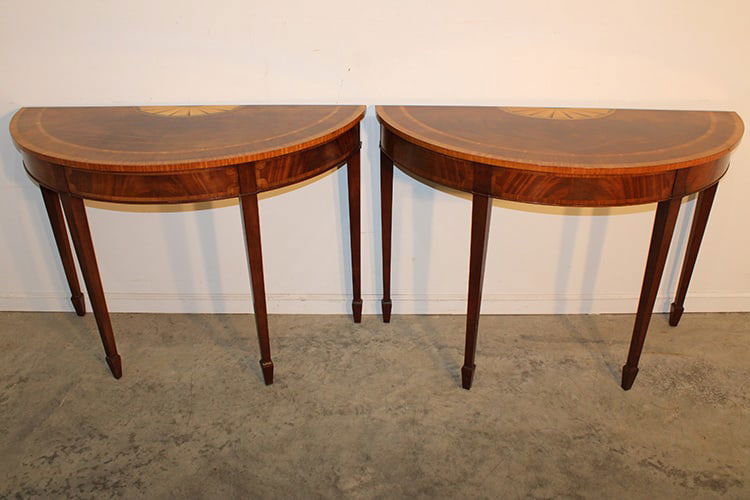 Pair Of Quality Inlaid Demilune Console Tables: Pair of quality inlaid demilune console tables. Estate fresh in nice condition. Put together makes an oval table. Each table is 45" wide, 32" tall, 19" deep.