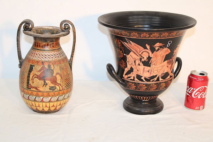 2 Large Greek Hand Made Vases In Redware: 2 large Greek hand made vases in redware. Estate fresh, very impressive looking. Remakes from 530 BC and 800 BC. Largest is 11" tall.