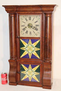 Early Triple Decker Clock By Forestville MFG Co.: Early triple decker clock by Forestville MFG Co. Original weights and pendulum, been running, estate fresh. Original face, veneer looks to be all good. 1/2 columns. 17" wide, 32" tall, 5" deep.