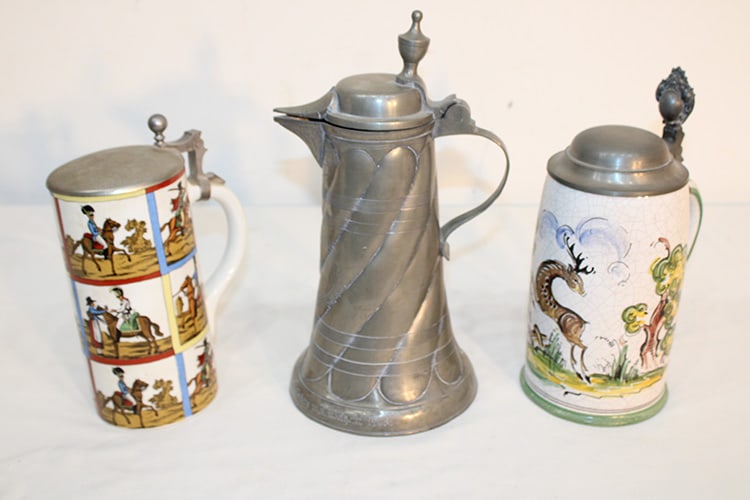3 Antique Steins Including Faience Tankard Large Pewter Commemorative 1903 (1 of 11)
