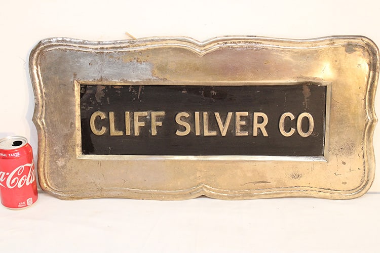 Antique Silver Co. Sign. Cliff Silver Co.: Antique Silver Co. sign. Cliff Silver Co., old, all original. Probably will polish up good. Has the name insert. 24" wide, 12" tall.