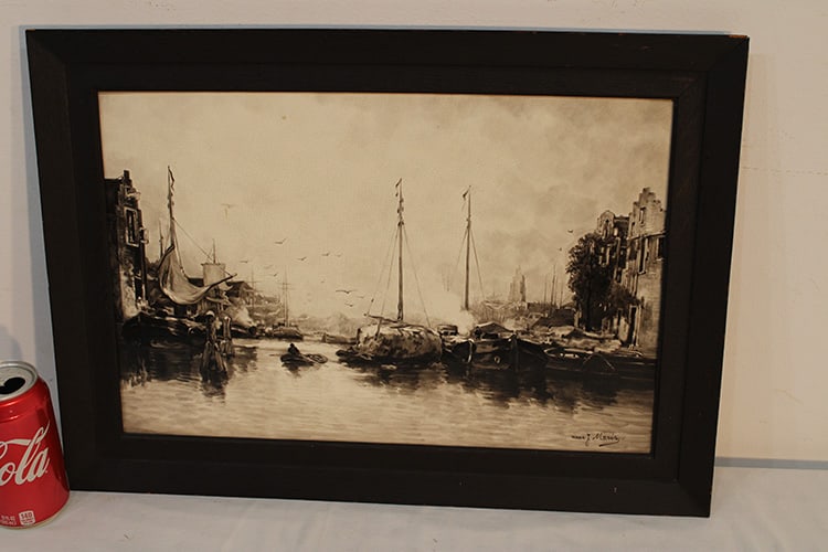 Painting On Porcelain Of Maritime Scene Signed Maris: Painting on porcelain of maritime scene signed Maris in the original oak frame. Estate fresh. Appr. 20" wide, 14" tall.