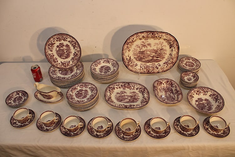 Super 82 Pieces Of Royal Staffordshire "Tonquin Plum" China Set: Super 82 pieces of Royal Staffordshire "Tonquin Plum" China set. Estate fresh, list of pieces are pictured. Designed by Clarice Cliff. Made in England, real nice condition. Only saw a couple of small