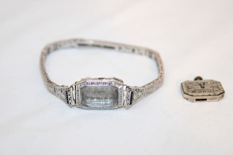 Fabulous 14K White Gold And Platinum Ladies Wrist Watch: Fabulous 14k white gold and platinum ladies wrist watch with diamonds and sapphires. Case weight without the works is 10 dwt total weight. 17 jewels. Swiss, Alexora Watch Co. Bezel is platinum. Band i