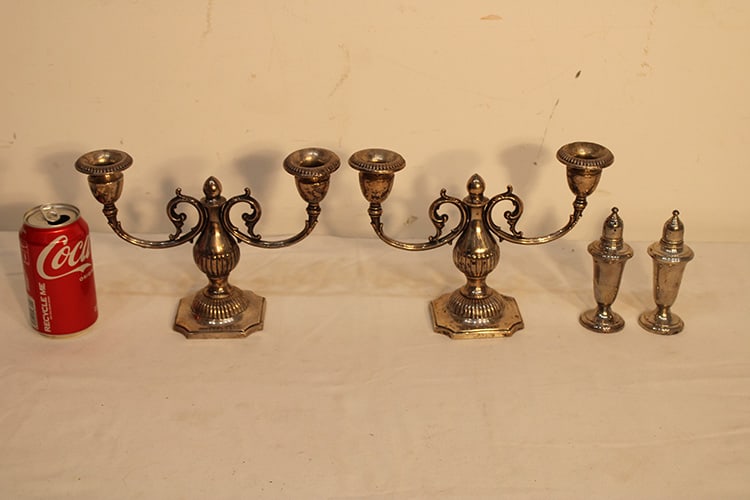 Quality Pair Of Sterling Georgian Reproductions Candlestick And Salt And Peppers: Quality pair of sterling Georgian Reproductions candlestick and salt and peppers. Heavy, quality, weighted, no dents or monograms.