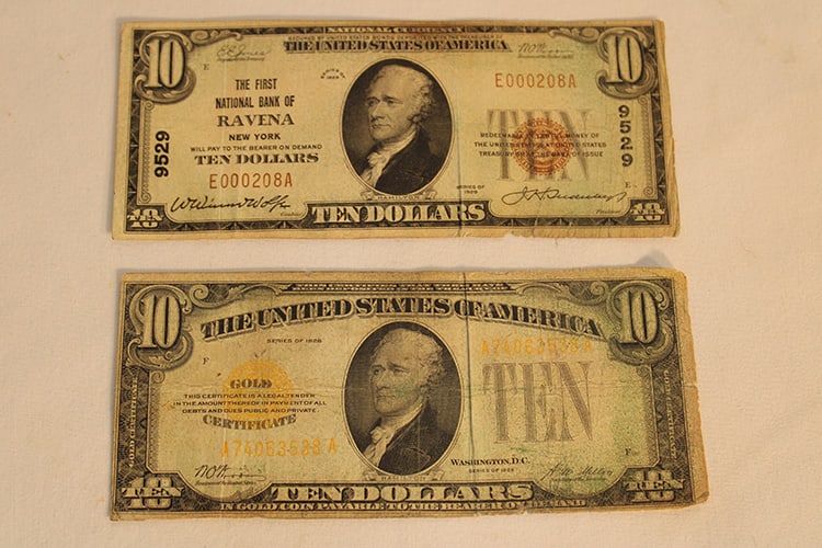 1929 - $10 1St National Bank Of Revena, 1928 $10 Gold Certificate (1 of 5)