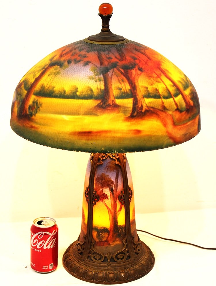 Super Antique Reversed Painted 16" Table Lamp With Autumn Scene (1 of 5)