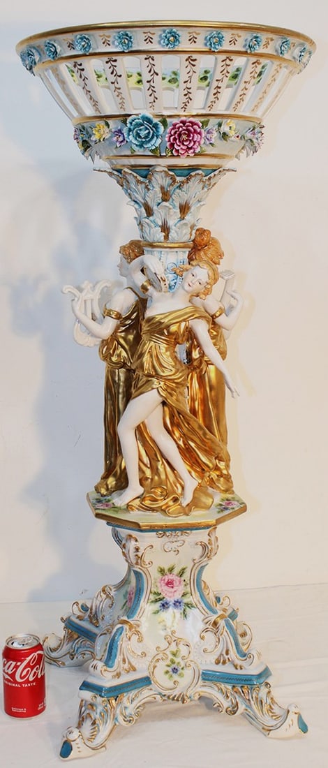 Huge 40" Capodimonte Porcelain Center Piece With 3 Graces: Huge 40" Capodimonte porcelain center piece with 3 graces, floral decoration in nice condition. There might be a leaf off a flower but I cant see it.