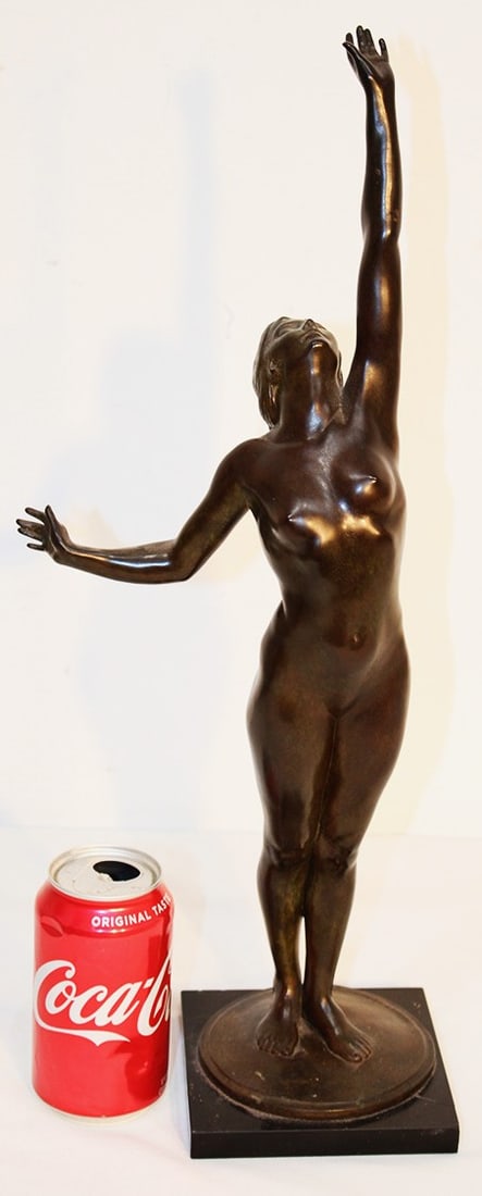 Harriet Whitney Frishmuth 20" Bronze Nude Sculpture 1918: Harriet Whitney Frishmuth 20" bronze nude sculpture 1918. Signed, original patina. Marked Gorham Co. Founders Q505 #239. Marble base has a slight line. Estate fresh.
