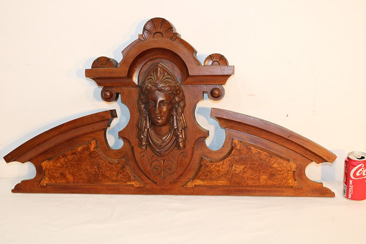 Super Victorian Walnut Crest With Huge Jenny Lind Head: Super Victorian walnut crest with huge Jenny Lind head. Burled panels, original finish, nice architectural element. 36.5" wide, 20" tall.