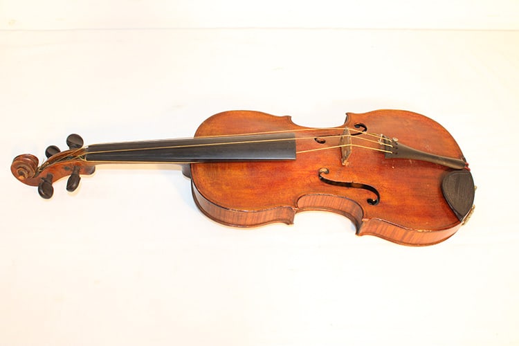 Early 4X4 Violin With Figured 1 Board Body: Early 4x4 violin with figured 1 board body. Estate fresh, looks to be in nice condition. In an early wooden case. Size is appr. 23.5" long.