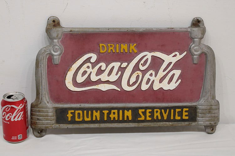 Rare 1930 Coca Cola Fountain Service Cast Iron Bench Sign (1 of 5)
