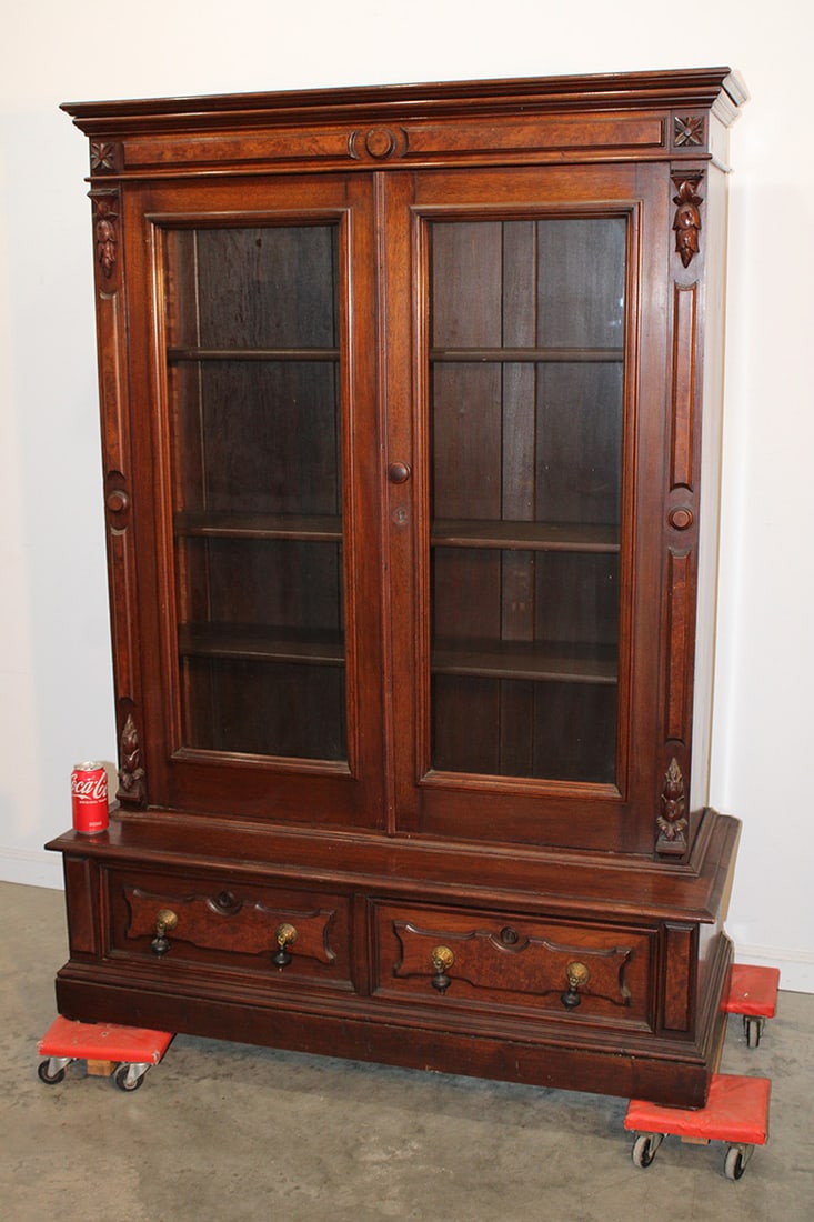 Original Finish Walnut And Burled Step Back 2 Door Bookcase (1 of 5)