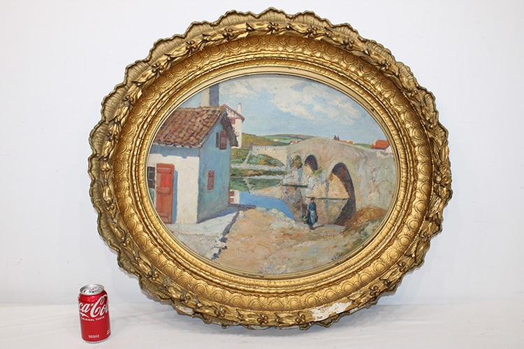 Signed Louis Floutier Painting Of A European Village And Bridge Scene (1 of 8)