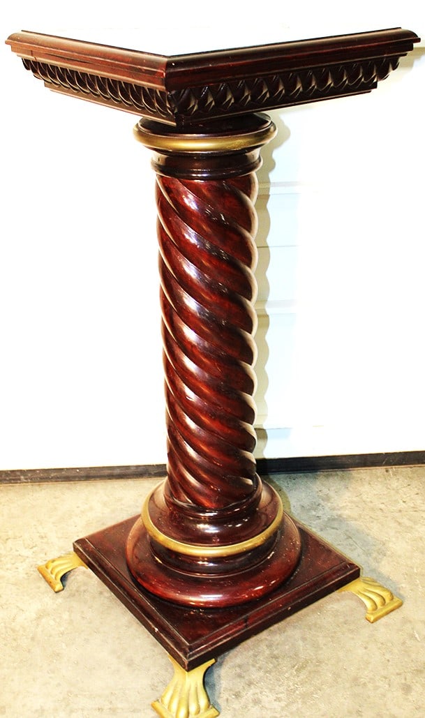 Oversized Victorian Rope Twist Pedestal: Oversized Victorian rope twist pedestal. Has large brass feet and center decoration (would take a large bronze or statue). Nice finish, probably mahogany. Estate fresh. 17" wide, 41" tall, 17" deep.