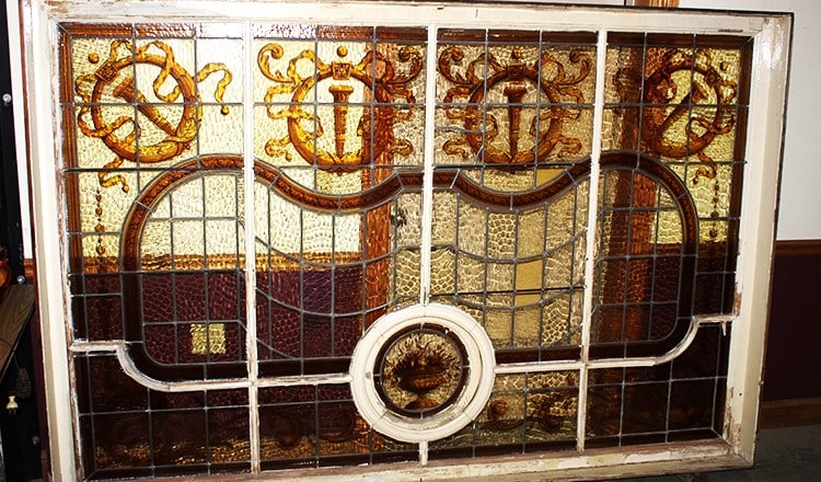 Monumental Victorian Leaded Window All Hand Painted: Monumental Victorian leaded window all hand painted. Rippled glass, has the casing (so you can just pop it in). All the glass looks good. 98" wide, 65" tall, 8" deep.