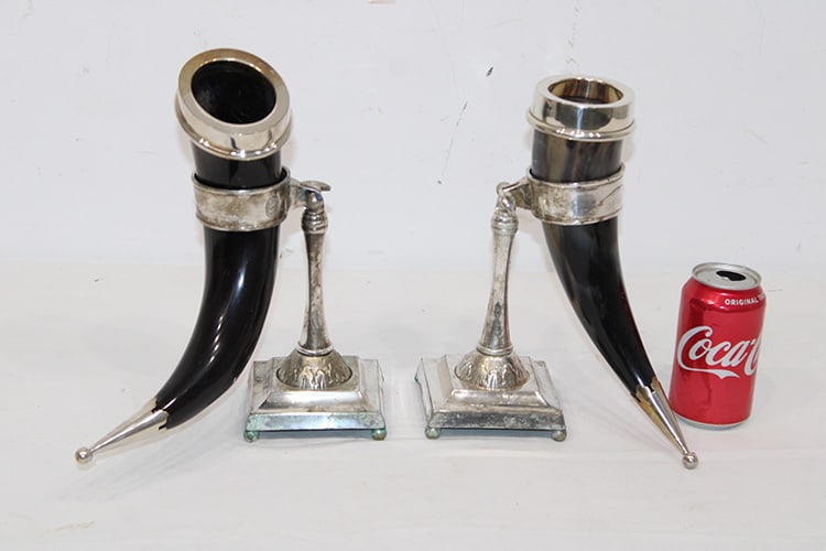 Pair Of Steer Horn Cornucopia Vases With Silver Plate Stands (1 of 5)