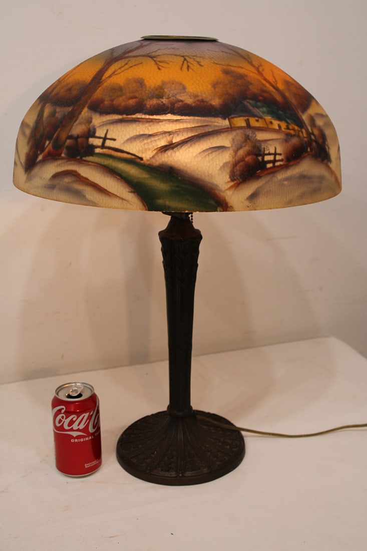 Colorful 16" Antique Reversed Painted Table Lamp With A Winter Scene (1 of 6)