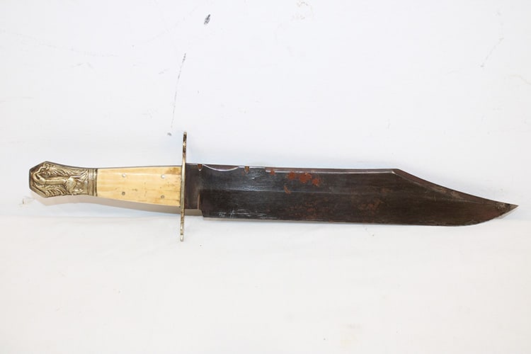 Civil War Confederate Combat Bower Style Knife With Horse: Civil War confederate combat bower style knife with horse marked Samuel Whaggof Sheffield England. Has a horse design with a bone handle. Overall size is 16.75". Blade size is 11.25". Estate fresh.