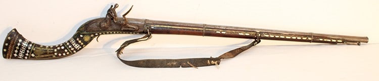 Early 18Th Or 19Th C. Afghan Jezall Flintlock Rifle: Early 18th or 19th C. Afghan Jezall Flintlock rifle. M.O.P. inlay. Has an etched barrel. Hallmarked with a standing lion. Estate fresh in nice condition. Has wear consistent with age. Not operational.