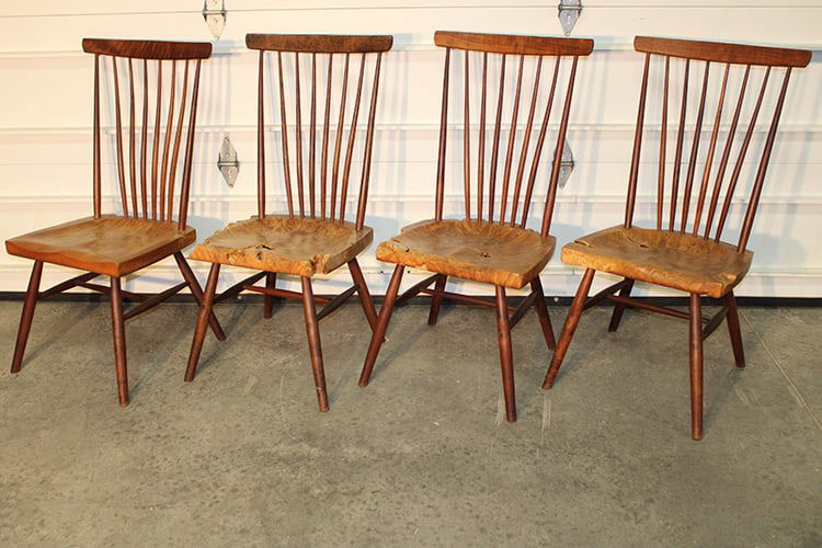 Rare Set Of Signed Michael Elkan Mid Century Chairs: Rare set of signed Michael Elkan mid century chairs with burled wood seats. All are numbered 85-20. All in nice condition. 20" wide, 40" tall, 20" deep.