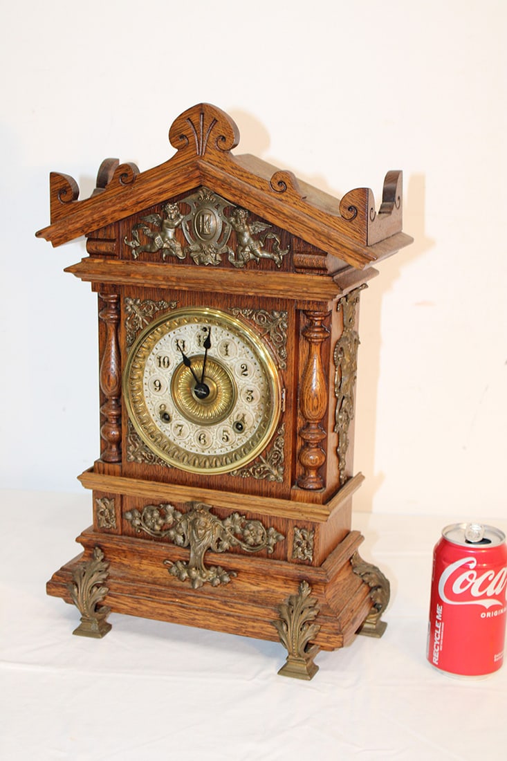 Beautiful Oak Ansonia Mantel Clock With Winged Angel (1 of 7)