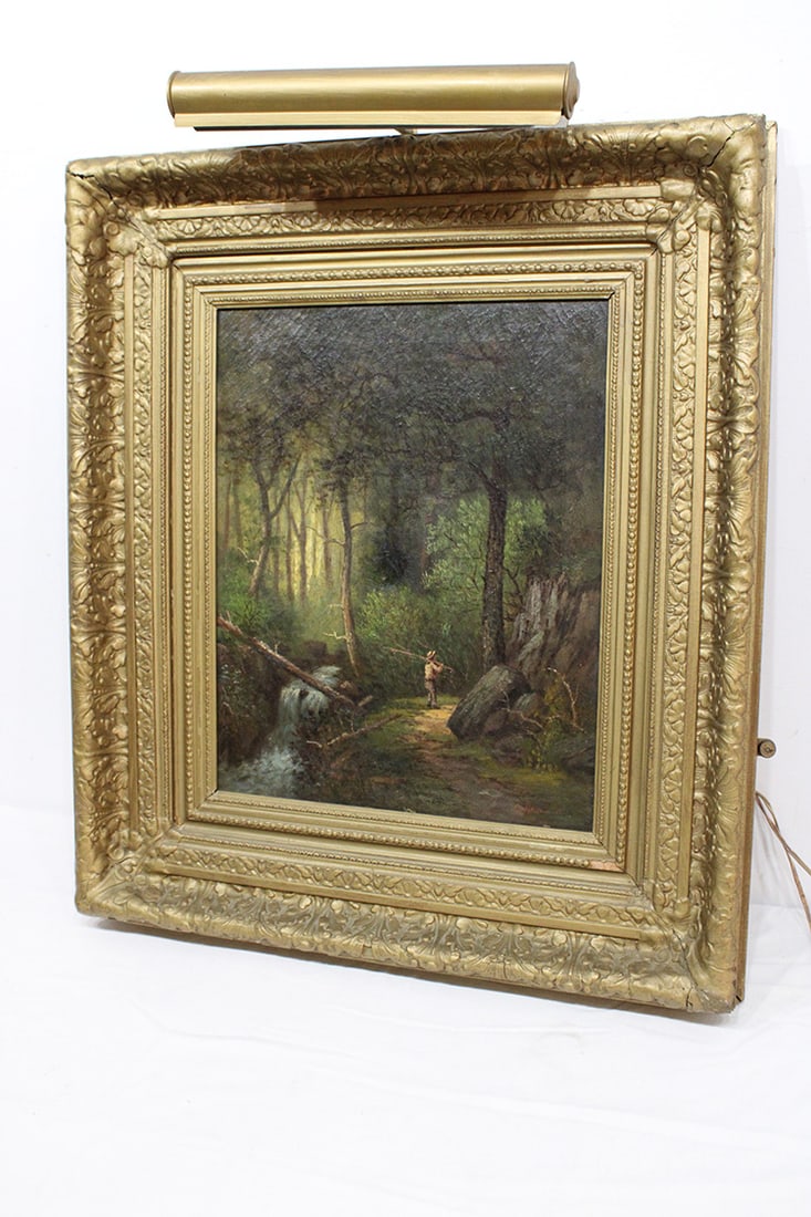 19Th C. Painting Artist Signed In A Gilded Frame: 19th C. painting artist signed in a gilded frame. Oil on canvas of a man fishing. Has a small repair (see photo). Size with frame is 27" wide, 31" tall.