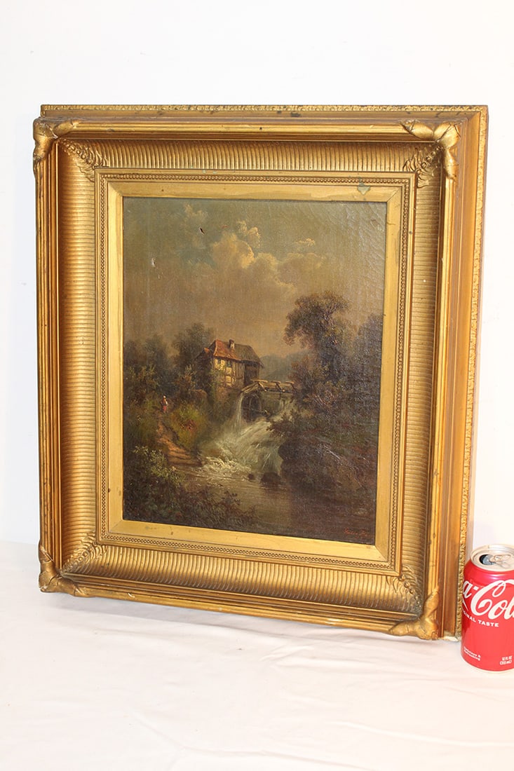 Super 19Th C. Painting Signed Guido Hampe 1839-1902 Of A Mountain, Waterfall Scene: Super 19th C. painting signed Guido Hampe 1839-1902 of a mountain, waterfall scene in the original gilt frame. Tiny imperfection on top left corner (see photo). Painting with frame is 19" wide, 22" ta