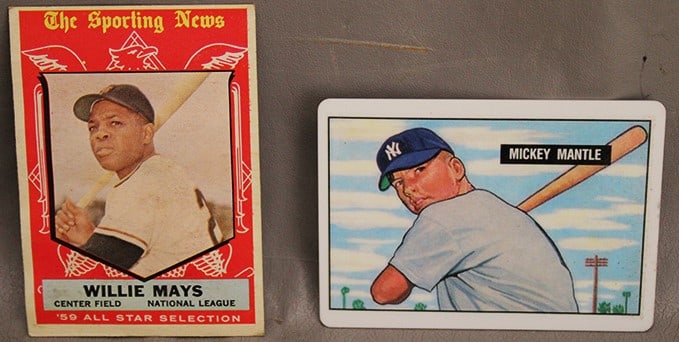 Willie Mays And Mickey Mantel Baseball Cards: Willie Mays and Mickey Mantel baseball cards. Seems to be on a hard plastic. R&N China licenses for Topps limited edition #2206 and Willie Mays Bazooka #563-1959 All Star selection. Both out of estate