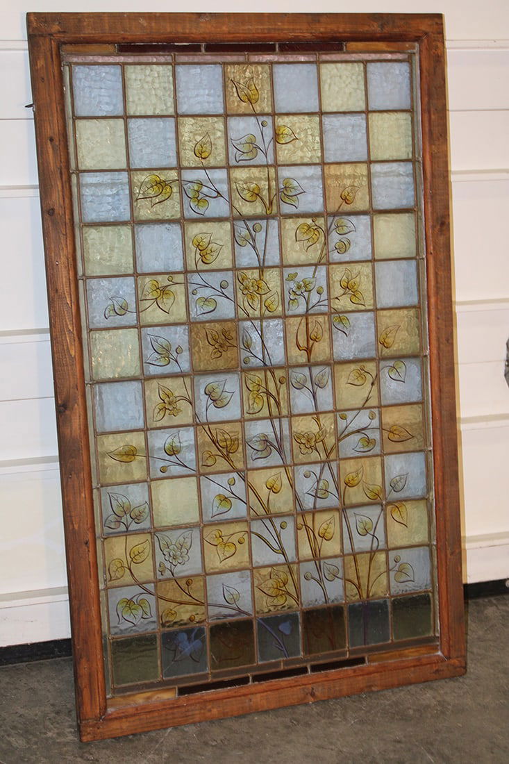 Antique Leaded Window With Hand Painted Floral Scene (1 of 3)