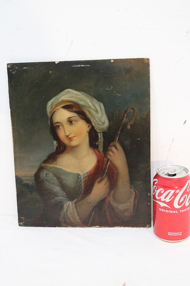 Early Oil On Artist Board Of A Beautiful Lady With A Shepherd Staff (1 of 4)