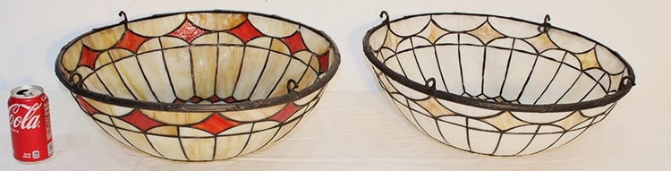(2) 19" Antique Leaded Ceiling Lamps: (2) 19" antique leaded ceiling lamps. Both in nice condition. 1 is in carmel and red, 1 is white and carmel. 1 is missing a hook (see photo).