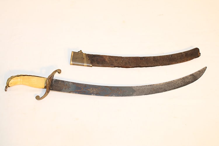 English/French Lion Head Naval Dirk Sword: English/French lion head Naval Dirk sword. Has some of the original blue and gold decorations on the blade with bone handle. Private collection. Part of the scabbard is missing. Total length is appr.