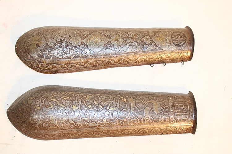 Nice Pair Of Early Persian Bazu Bands Arm Guard Armor: Nice pair of early Persian bazu bands arm guard armor. Nice etched design with men on horses, people and animals, etc. Private collection. Appr. 12.5" long.