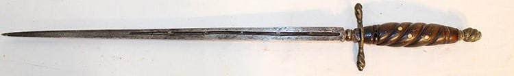 Early Italian Cannoneers Stiletto: Early Italian Cannoneers stiletto. Probably from the early 1800s, wood twist handle with inlay. Private collection. Overall length is appr. 22".