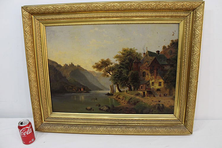 Exceptional 19Th C. Oil On Canvas Of A European Mansion And River (1 of 6)