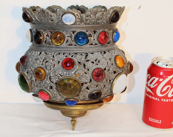 Nice Antique Multicolored Jeweled Candle Light: Nice antique multicolored jeweled candle light. Great colors. Could be electrified easily. 7" wide, 9" tall.