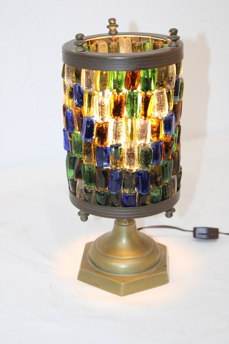 Colorful Hebron Glass Bead Lamp: Colorful Hebron glass bead lamp, multi colored glass cylinders, brass fixture (could be a table lamp or hang from the ceiling). All in nice condition. 5.5" wide, 11.5" tall.