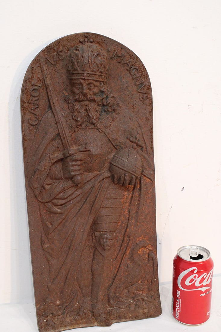 Heavy Cast Iron Plaque Of Charlemagne Holding And Orb And Sword: Heavy cast iron plaque of Charlemagne holding and orb and sword with a goose by his foot. Some surface rust, in nice condition. 8" wide, 19" tall.