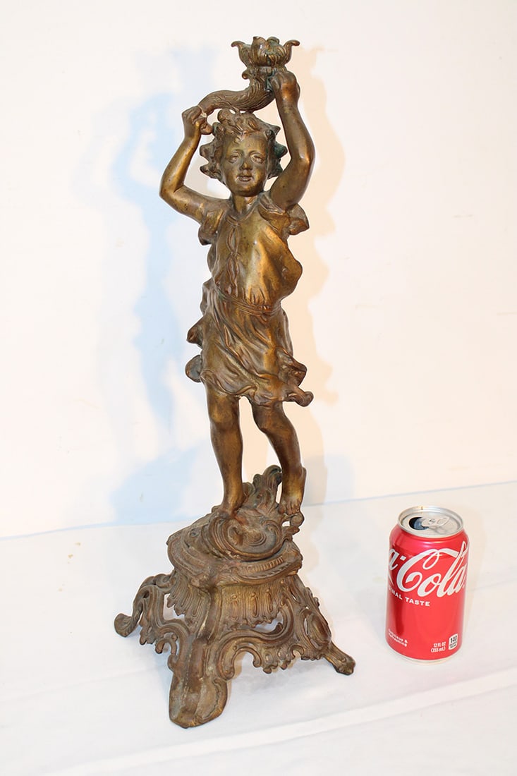 Large Antique Bronze 20" Figural Candlestick With Girl Holding A Cornucopia (1 of 4)